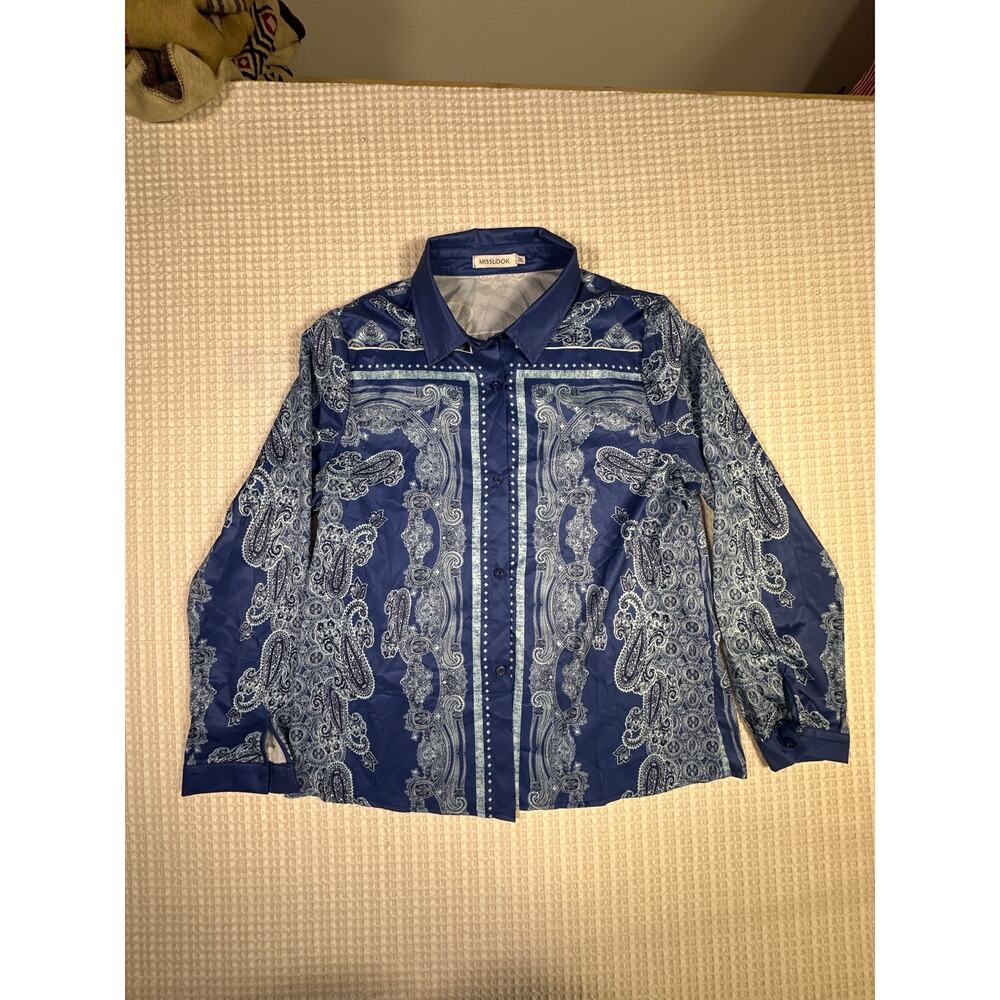 Misslook Paisley Blouse 2XL Navy Scarf Print Boho Coastal Preppy  Plus Size Top